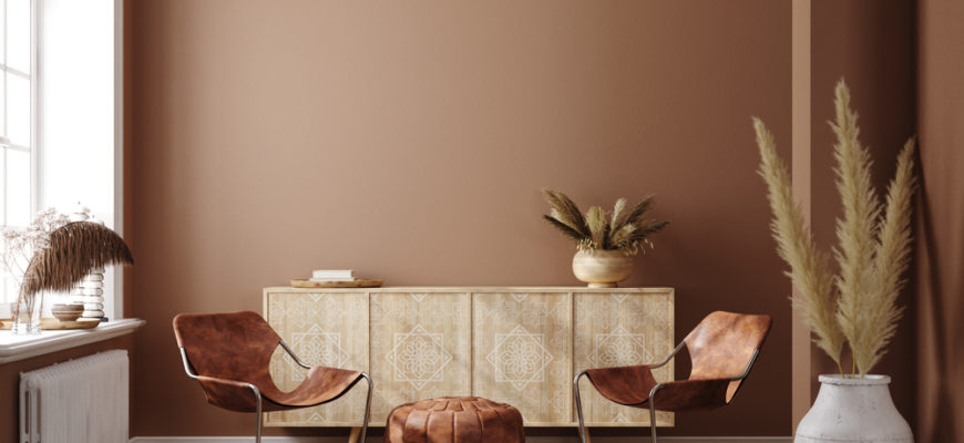 Home,Interior,With,Ethnic,Boho,Decoration,,Living,Room,In,Brown